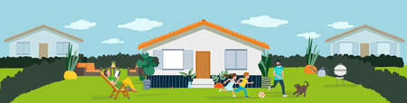 Happy family relaxing and playing in home garden with cat and dog - web banner vector illustrationのイラスト素材