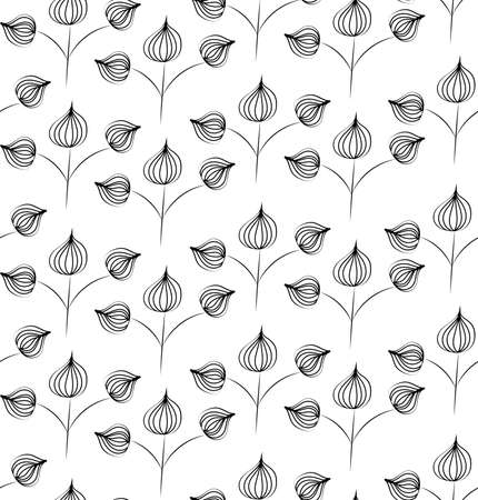 Floral vector seamless pattern with hand drawn black flowers on colorful leaves - Moire outline illustrationのイラスト素材