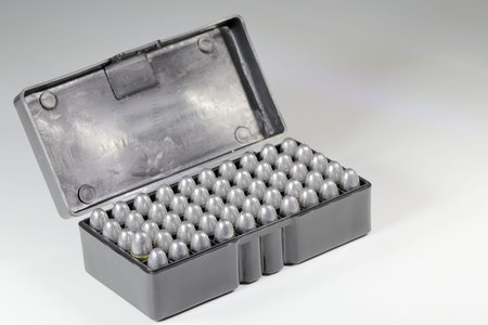 Box of bullet 9mm parabellum LRN ( lead round nose ) in black container isolate on white background
