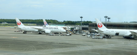 NARITA, JAPAN - May, 2018 : Airplane parking at passenger gate at Narita airport.のeditorial素材