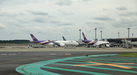 NARITA, JAPAN - May, 2018 : Narita International Airport view, Airplane parking at passenger gate.のeditorial素材