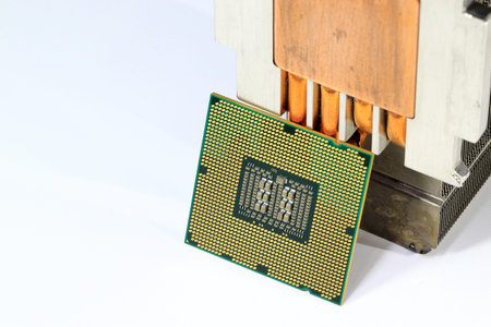 Close up Hight performance CPU with Aluminum and copper heat pipe heatsink isolated on white...