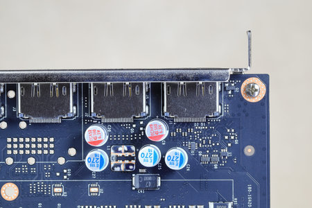 Close up detail back side of display port of Professional video graphic card, High performance video...