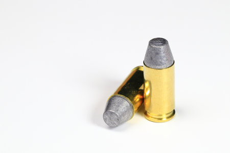 close up bullet 9mm LSWC ( Lead Semi wadcutter ) with brass shell ready for use, isolate on white background.の写真素材