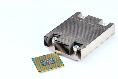 CPU with heat sink, computer processor cooler, radiator, equipment cooler with the aluminum fin...