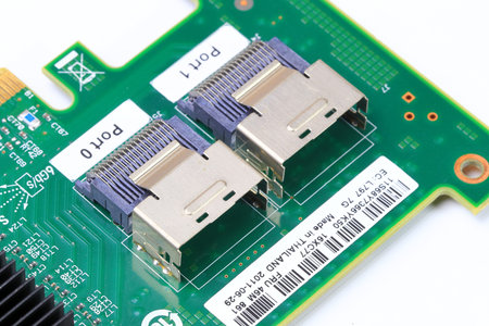 Close up of SFF-8086 or msas or mini sas connector of Disk array controller on modern server.
