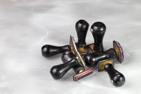 <p><strong>used Wooden rubber stamps isolated on reflection surface.</strong></p><p><br></p>の写真素材