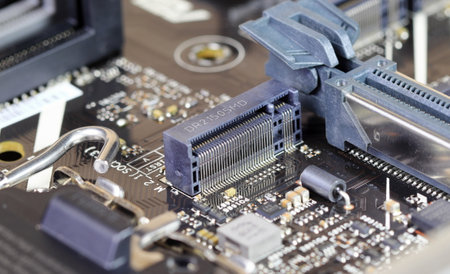 close up PCIe M.2 connector interface for modern high performance ssd storage on the modern computer.のeditorial素材