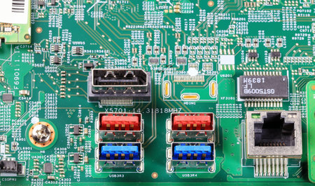 Multiple ports on computer mainboard show with USB, LAN, Display port.