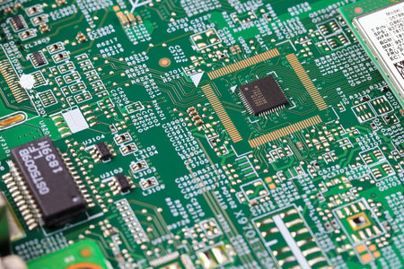 microprocessor on computer circuit board. Photo of electronic component in electronic device.