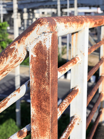 Rust of metals on Iron railing or Handrail. Corrosion of metal. Rust and corrosion in the weld. Corrosive Rust on old iron, grunge rust texture.の写真素材
