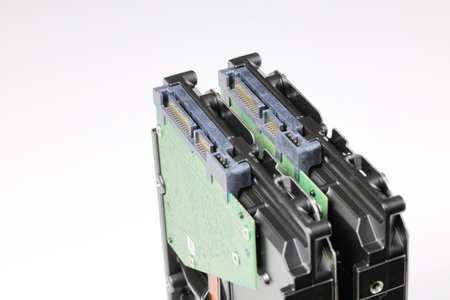 pile or stack of HDD, hard disk drives 3.5 high density standard profile show on SATA interface,...