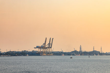 Panorama of Bangkok shipping container terminal, One of the Asian modernize harbor and global tradeの写真素材
