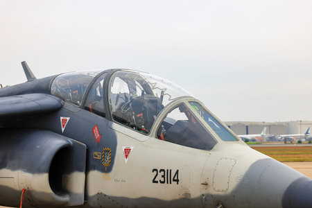 Close up Dassault-Dornier Alpha Jet light attack jet and advanced jet trainer cockpit side view at...
