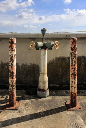 Water valve near concrete wall, Water pipes joined with water supply for fire hydrant system, Outdoor main water on-off valve system.の写真素材