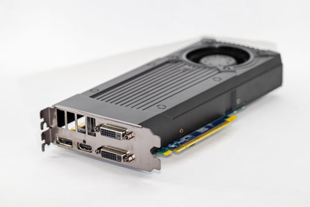 Graphics card showing display port, HDMI, and DVI interface isolated on white background.