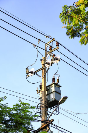 AC high-voltage power transformer, Electrical Transformer and High voltage power lines.