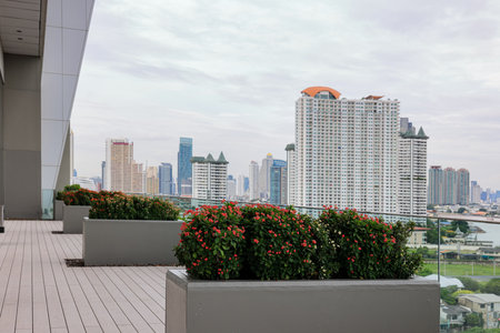 Mini garden path outside the apartment building. Eco friendly urban environment. Sustainable and ecological architecture.の写真素材