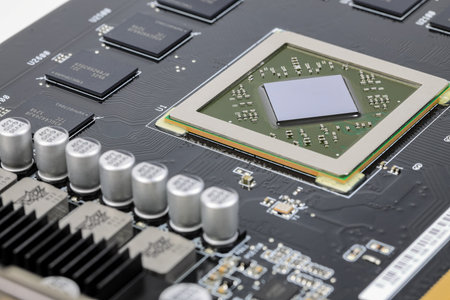 Close up modern printed circuit Board with Advanced Graphic Processing Unit.  Electronic Devices Production.の写真素材