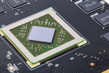 Close up modern printed circuit Board with Advanced Graphic Processing Unit.  Electronic Devices...
