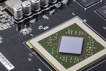 Close up modern printed circuit Board with Advanced Graphic Processing Unit.  Electronic Devices Production.の写真素材