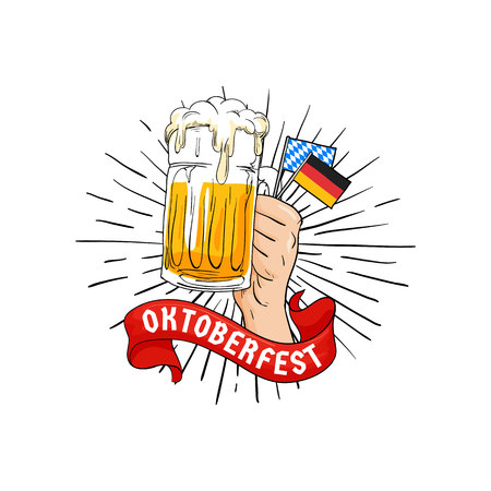 Hand holding full glass of beer and bavarian, germany flag illustration. Oktoberfest munich beer festival concept for posterのイラスト素材