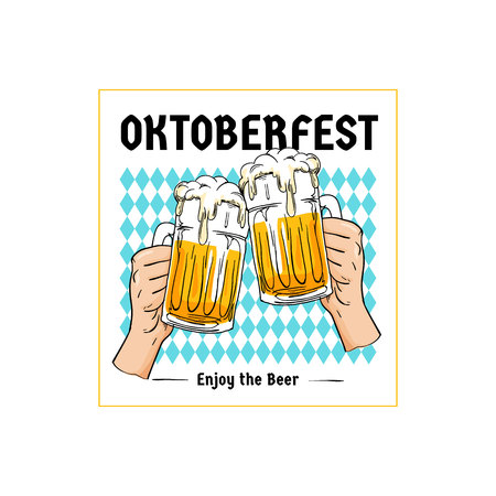 Oktoberfest retro poster design. Two hands holding full glass of beer toasting illustration with bavarian flag pattern background. Munich beer festival concept. Vintage old style hand drawn design.のイラスト素材