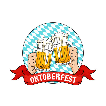 Two hands holding full glass of bear toasting. Oktoberfest munich beer festival concept. retro old style hand drawn with bavarian flag patternのイラスト素材