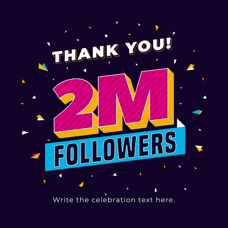 2m followers, two million followers social media post background template. Creative celebration typography design with confetti ornament for online website banner, poster, card.のイラスト素材