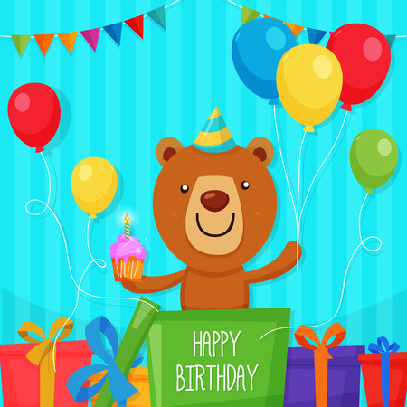 Cute bear character inside the box holding Cup cake and balloon to celebrate Birthday Party.のイラスト素材
