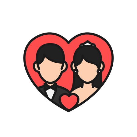 wedding couple icon. groom and bride with love frame illustration. simple clean monoline symbol.のイラスト素材
