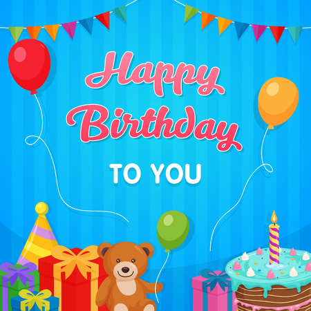Happy Birthday Party Background with cake, doll, gift box illustration. Template Designのイラスト素材