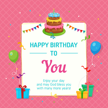 Happy Birthday Invitation Card Template with Birthday Cake and party Decoration.のイラスト素材