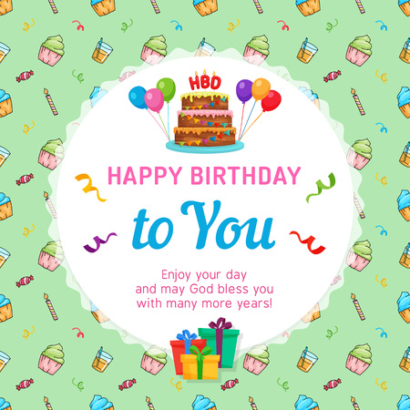 Happy Birthday Card Template with Birthday Cake and party seamless backgroundのイラスト素材