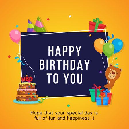 Happy Birthday Card Template with Bear Character and Party Decoration Ornamentのイラスト素材