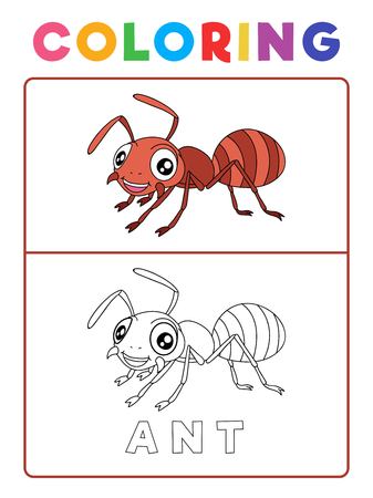 Funny Ant Insect Animal Coloring Book with Example. Preschool worksheet for practicing fine colors recognition skill. Vector Cartoon Illustration for Children.のイラスト素材