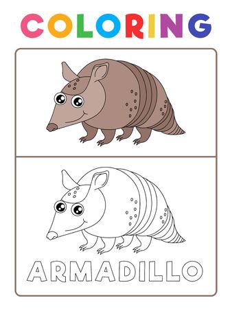 Funny Armadillo Animal Coloring Book with Example. Preschool worksheet for practicing fine colors recognition skill. Vector Cartoon Illustration for Children.のイラスト素材