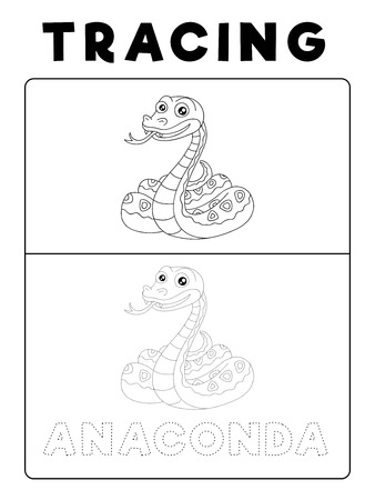 Funny Anaconda Snake Animal Tracing Book with Example. Preschool worksheet for practicing fine motor skill. Vector Cartoon Illustration for Children.のイラスト素材