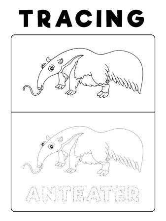Funny Anteater Animal Tracing Book with Example. Preschool worksheet for practicing fine motor skill. Vector Cartoon Illustration for Children.のイラスト素材