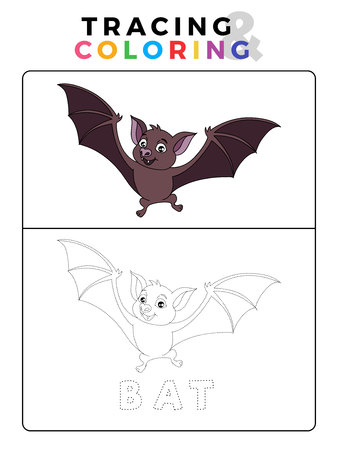 Funny Bat Tracing and Coloring Book with Example. Preschool worksheet for practicing fine motor and colors recognition skill. Vector Animal Cartoon Illustration for Children.のイラスト素材