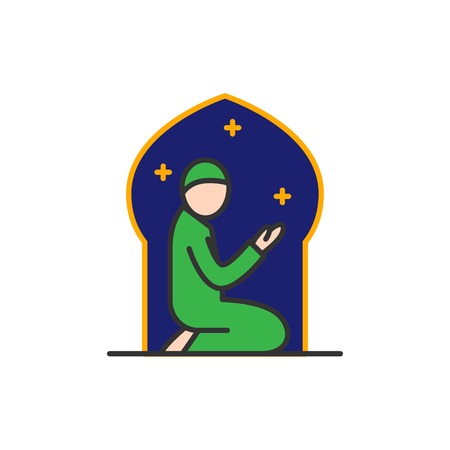 Muslims praying at the night in mosque. Simple monoline icon style for muslim ramadan and eid al fitr celebration.のイラスト素材