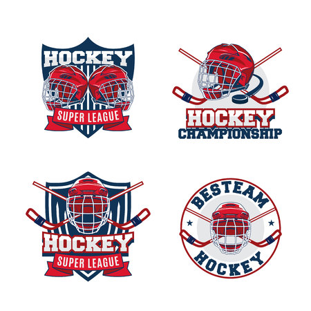 Set of Hockey team logo design vector template. Sport club badge identity collection. Helmet illustration with logotype graphic.のイラスト素材