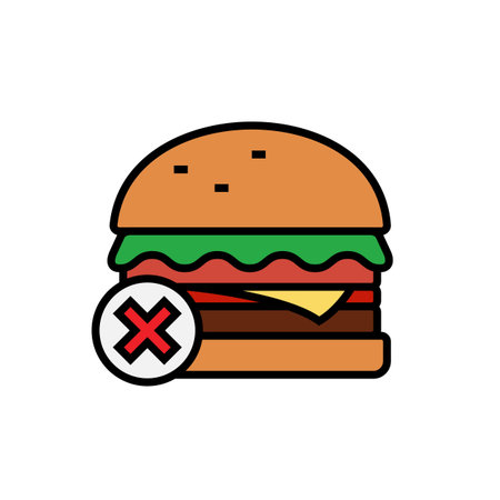 no junk food icon. burger with cross symbol for healthy diet illustration. simple vector graphicのイラスト素材