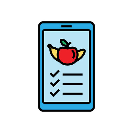 food nutrition list mobile app icon. smartphone with fruit symbol for diet plan application. simple vector graphic.のイラスト素材