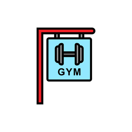 gym fitness center sign icon. hanging board with dumbbell symbol and text for bodybuilder place illustration. simple vector graphic.のイラスト素材