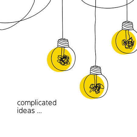 no creativity complicated idea concept illustration. simple line hanging light bulb with yellow background and tangled filament thread vector background design.のイラスト素材