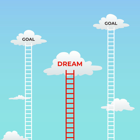 goal and dream. dream under goals mindset visual concept design. cloud in the sky and tall ladder with text vector illustration.のイラスト素材