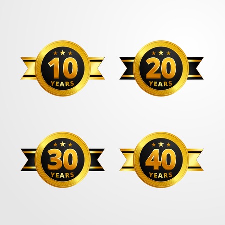 Anniversary logo badge with ribbon vector design. Set of shiny gold black medal button with numbers for birthday celebrationのイラスト素材