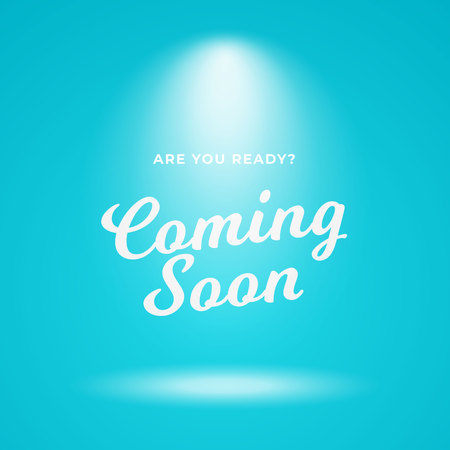 Coming soon poster background vector design. Light blue backdrop with bright spotlight and calligraphy text illustration.のイラスト素材