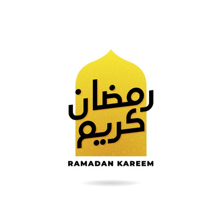 Ramadan Kareem logo badge design. arabic calligraphy with mosque window background vector illustration.のイラスト素材